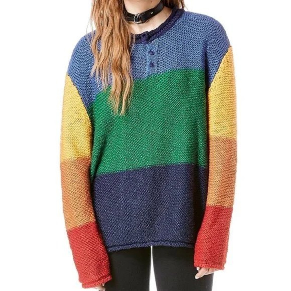 UNIF caleb Colorblock Knit Henley Sweater Multicolor Striped rainbow top tumblr